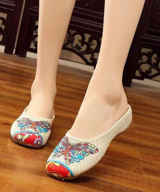 Sandales à enfiler beiges en tissu de lin avec broderie papillon élégante LY7695