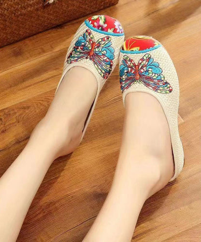 Beige Slide Sandals Linen Fabric Classy Splicing Butterfly Embroideried LY7695