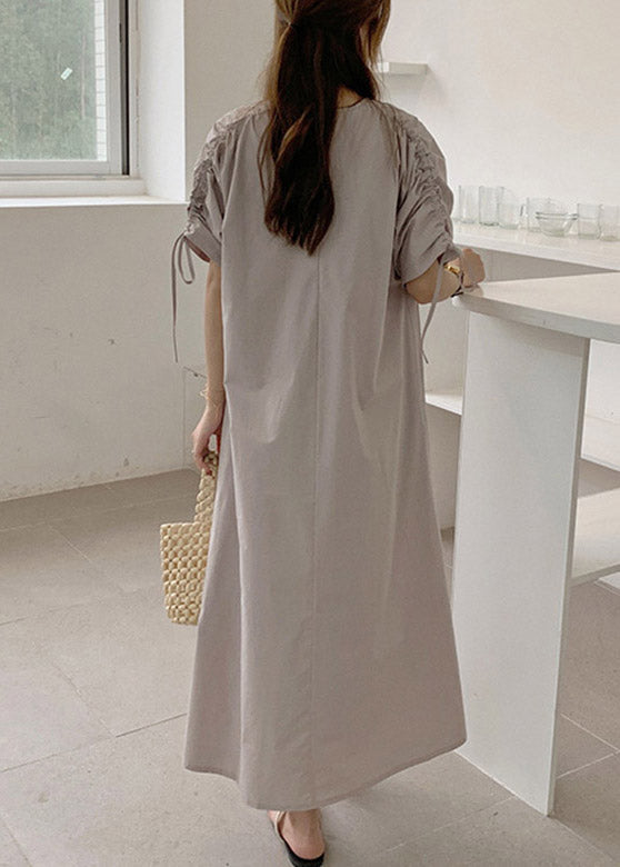 Beige Wrinkled Cotton Maxi Dress Long Sleeve LY2112 - fabuloryshop