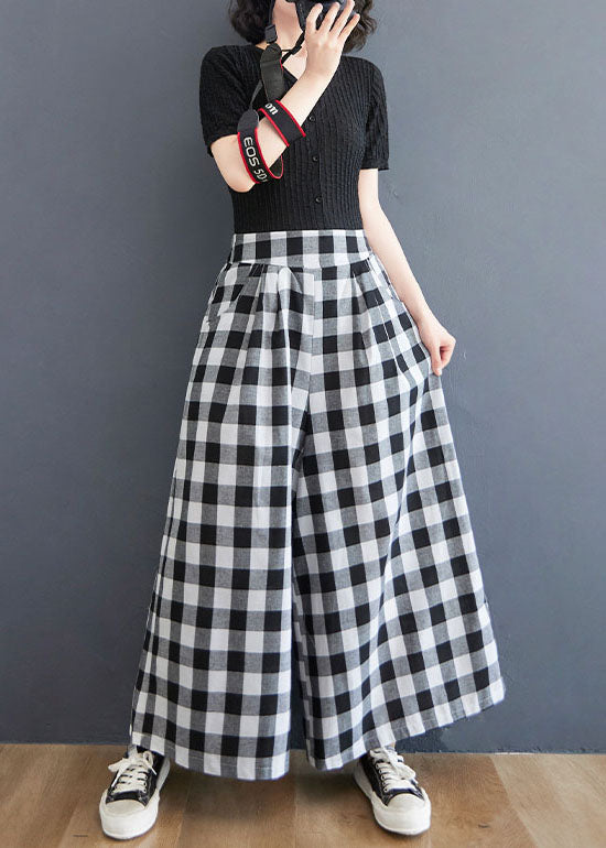 Big Plaid Pockets Patchwork Cotton Straight Pants Wrinkled Summer LY5324 - fabuloryshop