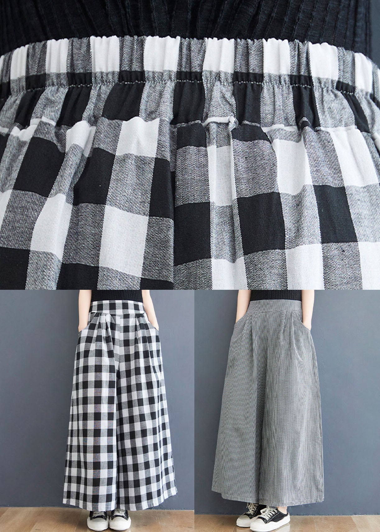 Big Plaid Pockets Patchwork Cotton Straight Pants Wrinkled Summer LY5324 - fabuloryshop