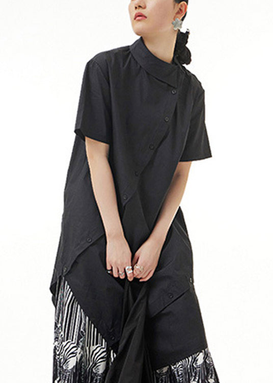 Black Asymmetrical Button Solid Cotton Maxi Shirts Short Sleeve LY1206 - fabuloryshop