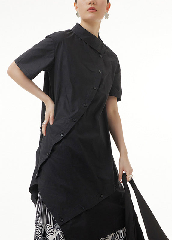 Black Asymmetrical Button Solid Cotton Maxi Shirts Short Sleeve LY1206 - fabuloryshop