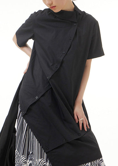 Black Asymmetrical Button Solid Cotton Maxi Shirts Short Sleeve LY1206 - fabuloryshop