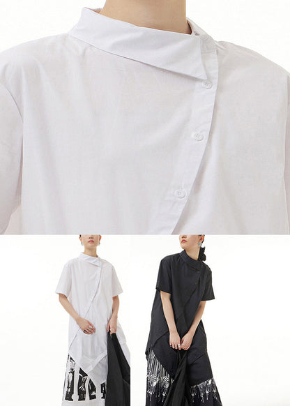 Black Asymmetrical Button Solid Cotton Maxi Shirts Short Sleeve LY1206 - fabuloryshop