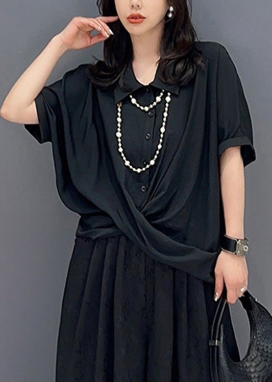 Black Asymmetrical Button Solid Shirts Short Sleeve LY4374 - fabuloryshop