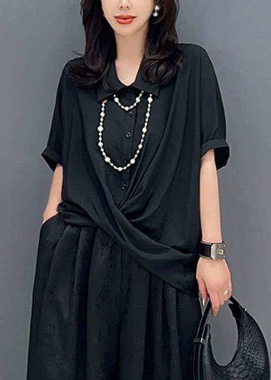 Black Asymmetrical Button Solid Shirts Short Sleeve LY4374 - fabuloryshop