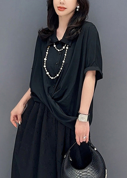 Black Asymmetrical Button Solid Shirts Short Sleeve LY4374 - fabuloryshop