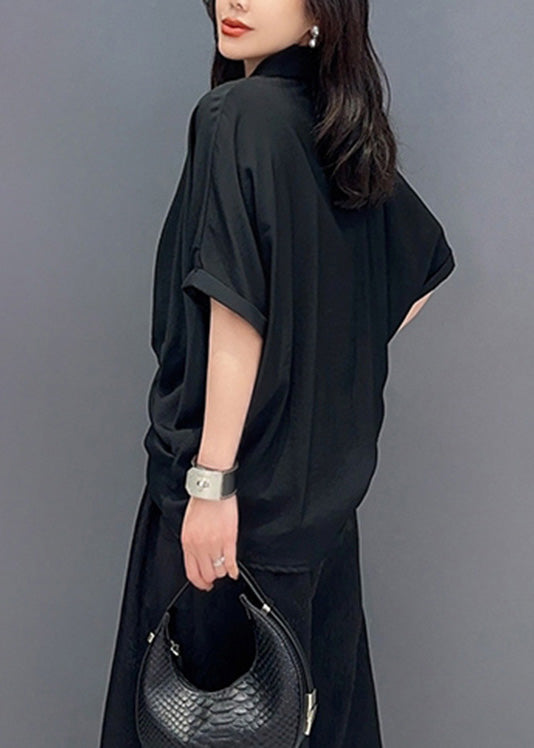 Black Asymmetrical Button Solid Shirts Short Sleeve LY4374 - fabuloryshop