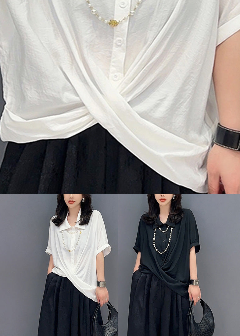 Black Asymmetrical Button Solid Shirts Short Sleeve LY4374 - fabuloryshop