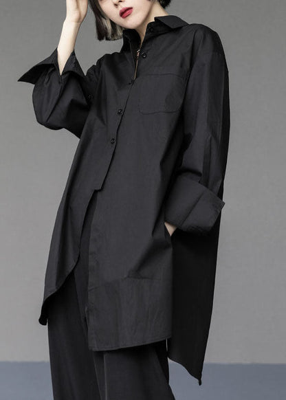 Black Asymmetrical Design Cotton Long Shirts Oversized Spring LY1510 - fabuloryshop