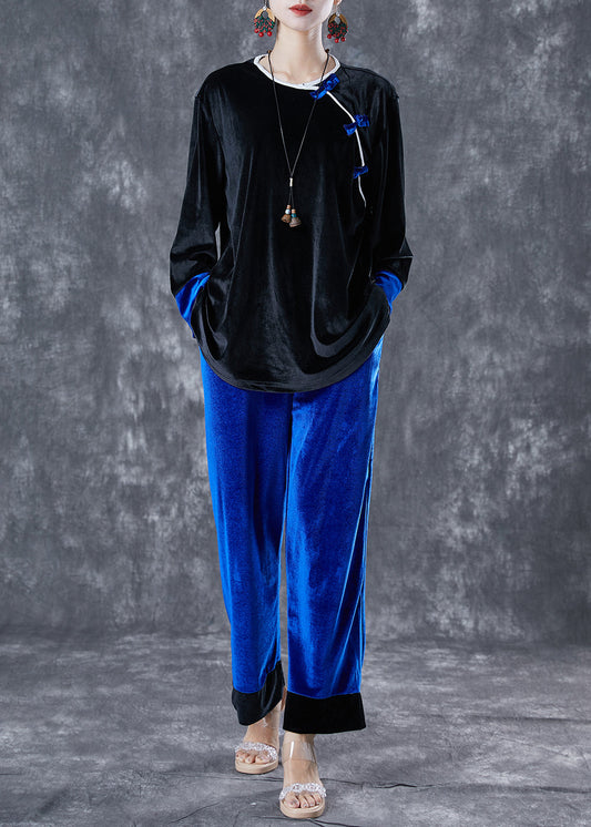 Black Blue Patchwork Silk Velour Two Pieces Set Oversized Chinese Button Spring LY5002 - fabuloryshop