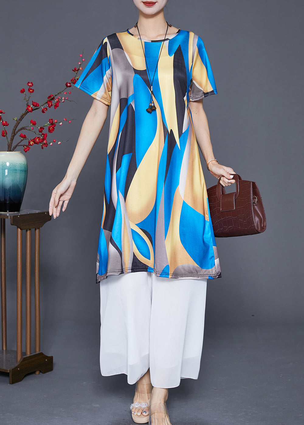 Black Blue Print Ice Silk Holiday Dress Oversized Draping Summer Ada Fashion