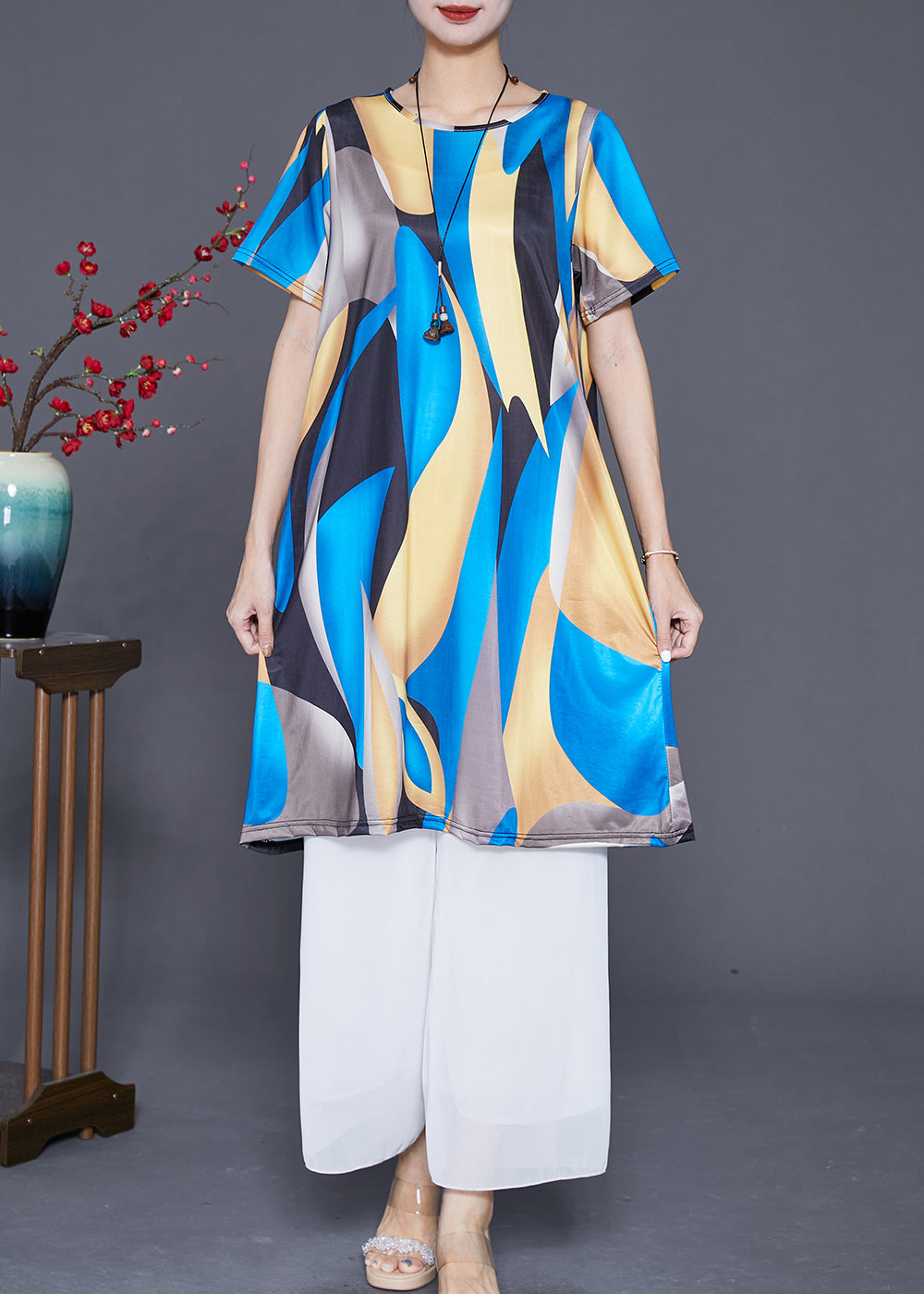 Black Blue Print Ice Silk Holiday Dress Oversized Draping Summer Ada Fashion