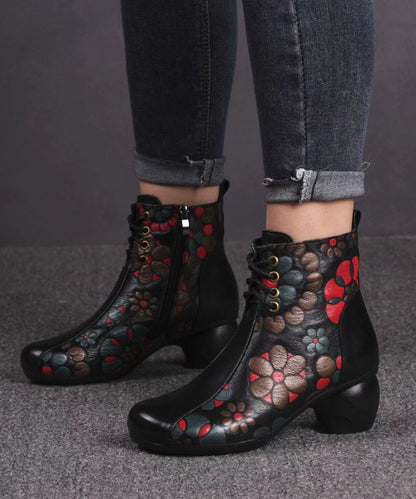 Black Boots Chunky Cowhide Leather Women Embossed Splicing Ada Fashion