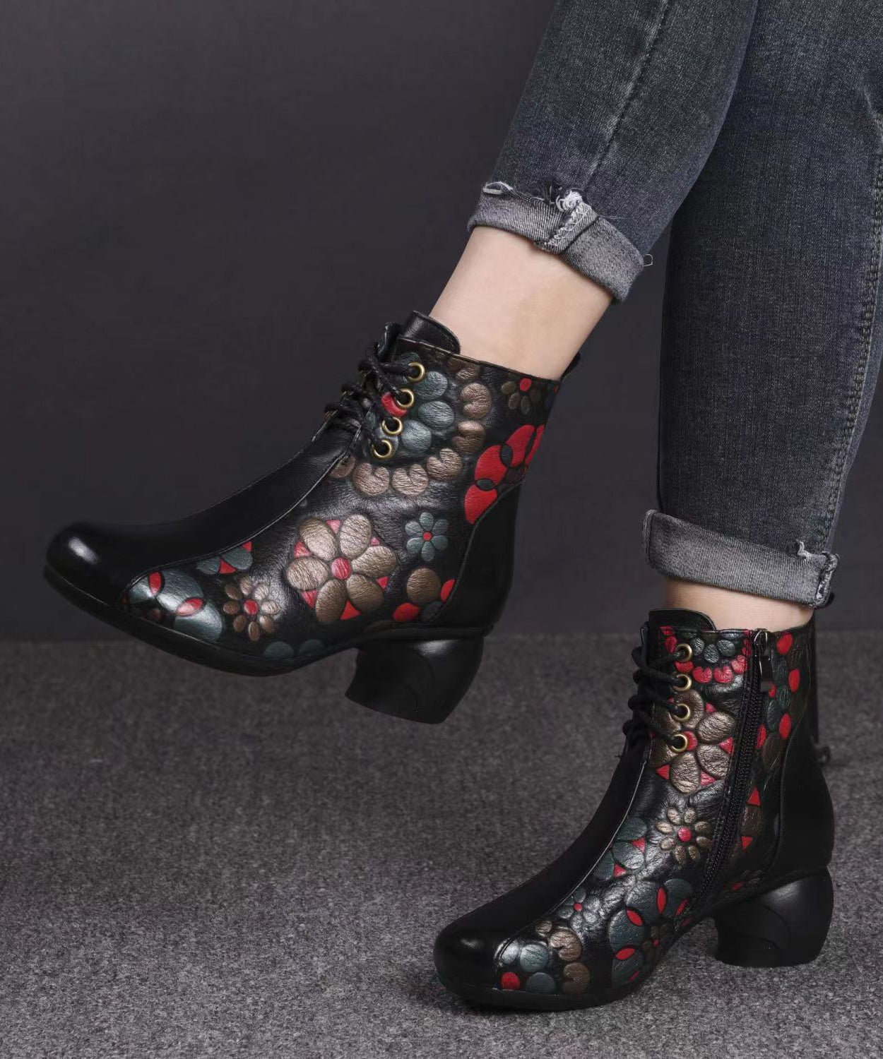 Black Boots Chunky Cowhide Leather Women Embossed Splicing Ada Fashion