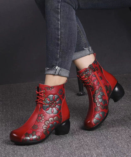 Black Boots Chunky Cowhide Leather Women Embossed Splicing Ada Fashion