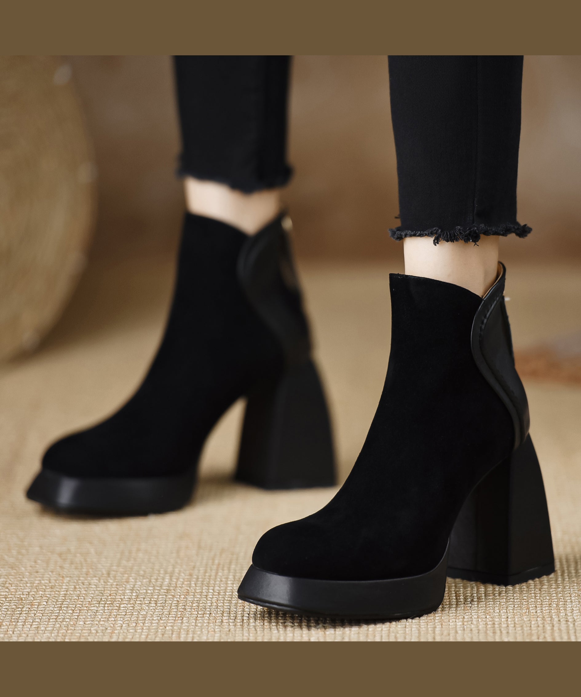 Black Boots Chunky Suede Classy Splicing Zippered Ada Fashion