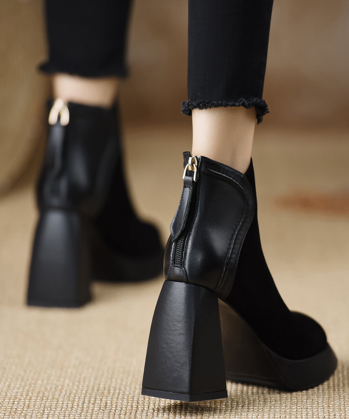 Black Boots Chunky Suede Classy Splicing Zippered Ada Fashion