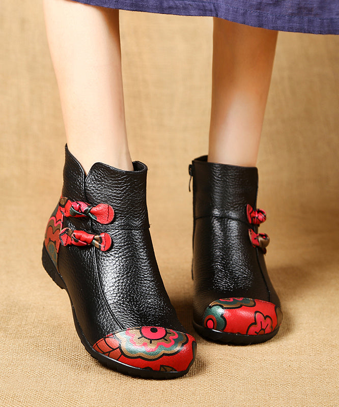 Black Boots Cowhide Leather Handmade Splicing Print Ada Fashion