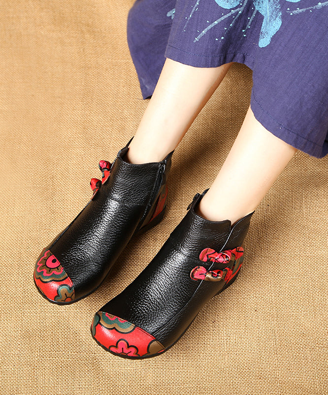 Black Boots Cowhide Leather Handmade Splicing Print Ada Fashion