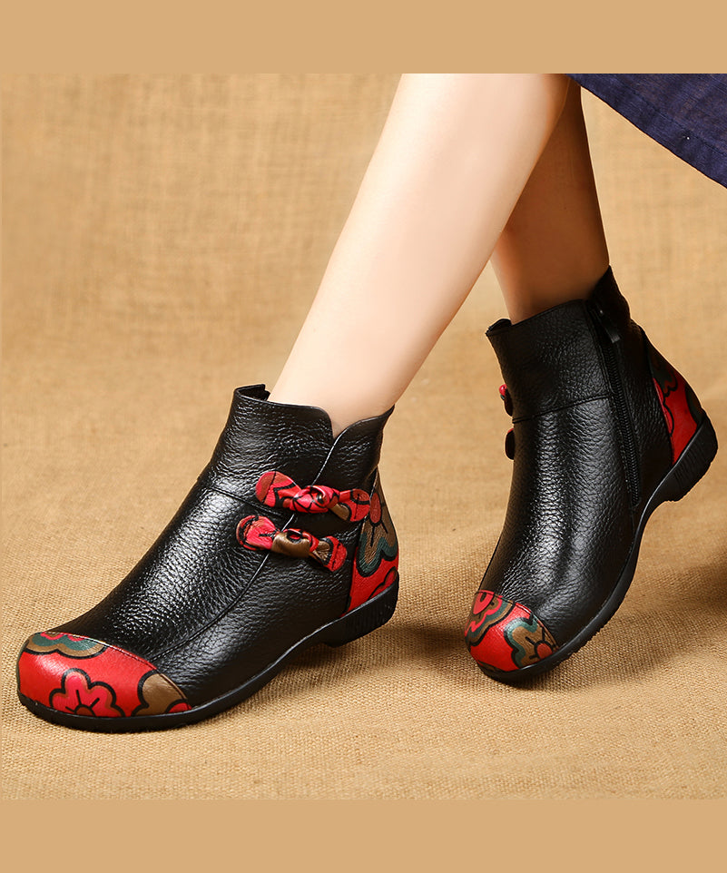 Black Boots Cowhide Leather Handmade Splicing Print Ada Fashion