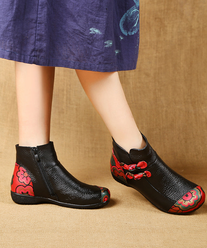 Black Boots Cowhide Leather Handmade Splicing Print Ada Fashion