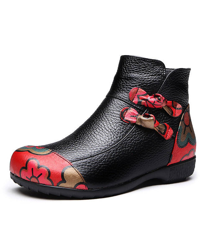 Black Boots Cowhide Leather Handmade Splicing Print Ada Fashion