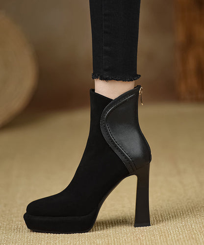 Black Boots High Heel Suede Splicing Zippered