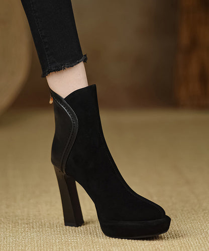 Black Boots High Heel Suede Splicing Zippered