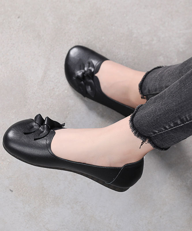 Black Bow Flat Shoes For Women Handmade Cowhide Leather Flat Shoes LC0514 - fabuloryshop