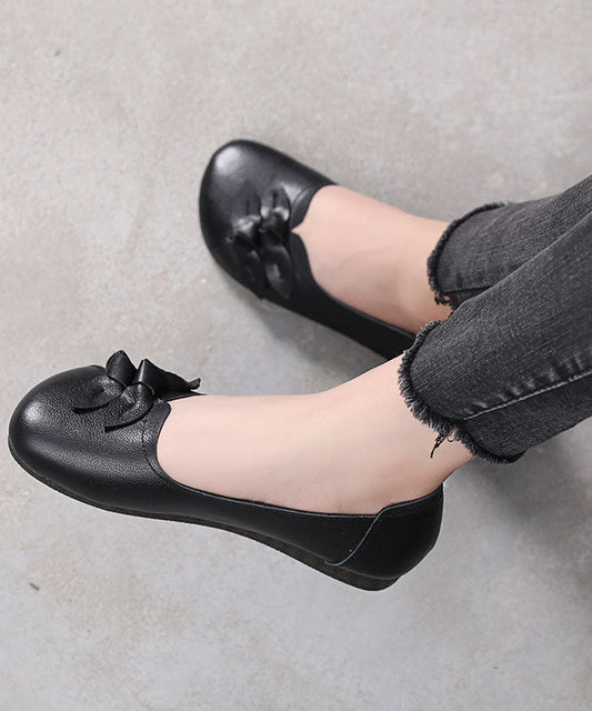 Black Bow Flat Shoes For Women Handmade Cowhide Leather Flat Shoes LC0514 - fabuloryshop