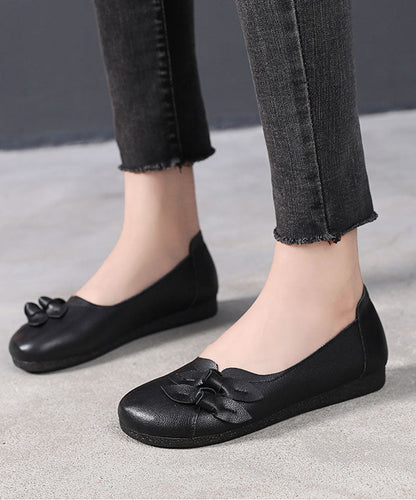 Black Bow Flat Shoes For Women Handmade Cowhide Leather Flat Shoes LC0514 - fabuloryshop