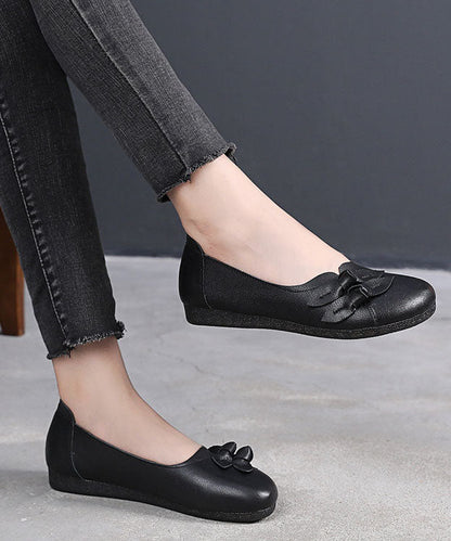 Black Bow Flat Shoes For Women Handmade Cowhide Leather Flat Shoes LC0514 - fabuloryshop