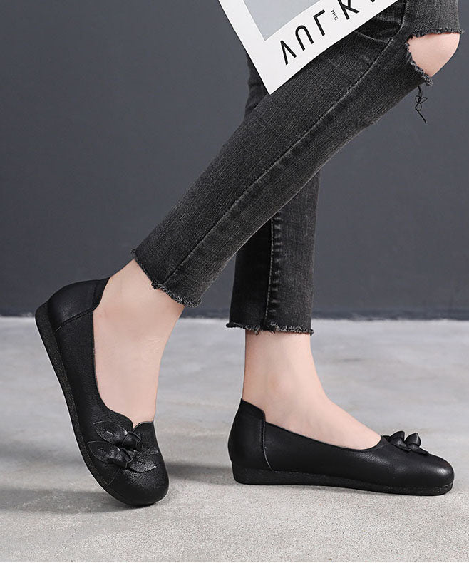 Black Bow Flat Shoes For Women Handmade Cowhide Leather Flat Shoes LC0514 - fabuloryshop