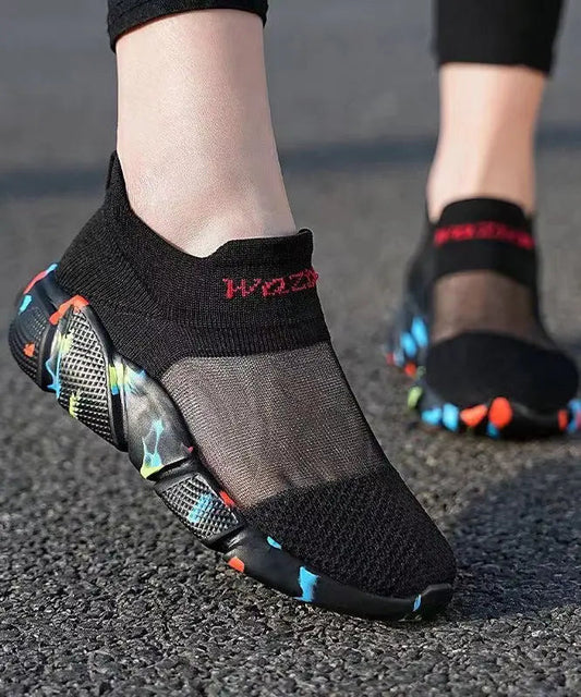 Black Breathable Mesh Casual Splicing Flat Shoes For Plus Size Ada Fashion