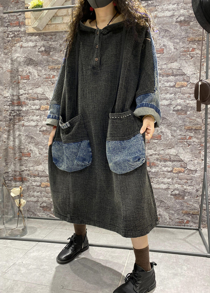 Black Button Patchwork Denim Dress Lace Up Long Sleeve Ada Fashion