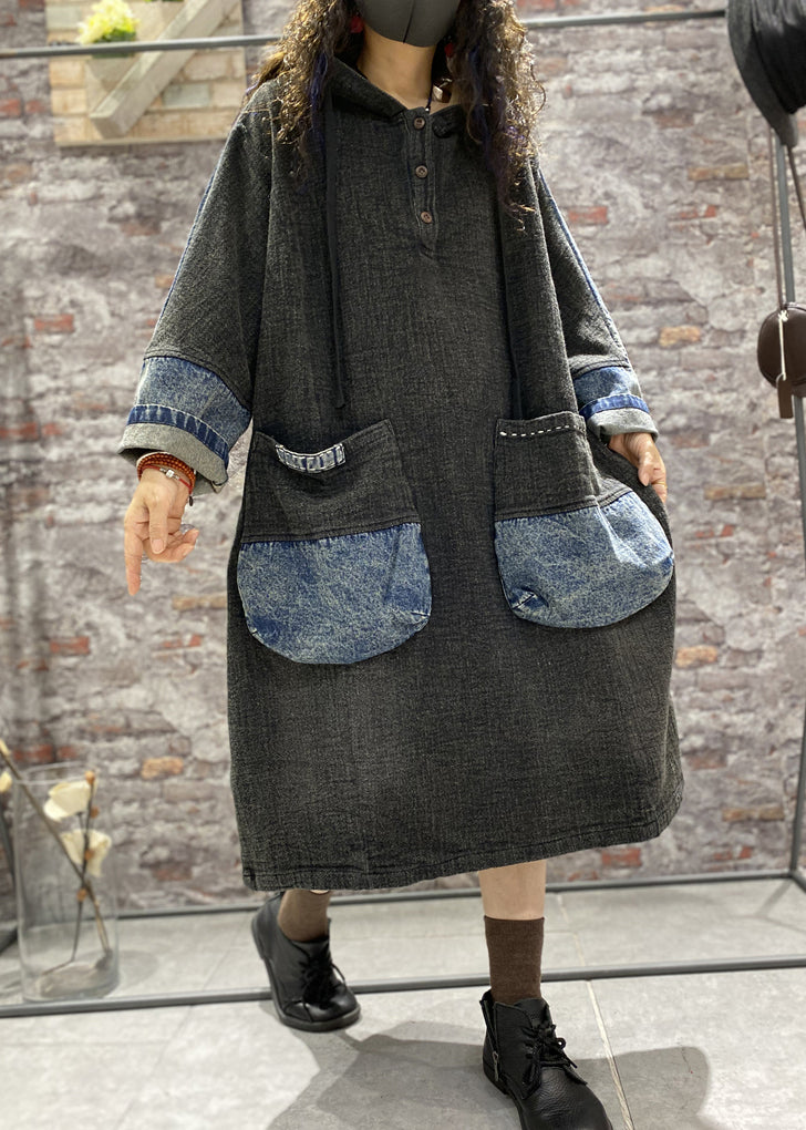 Black Button Patchwork Denim Dress Lace Up Long Sleeve Ada Fashion