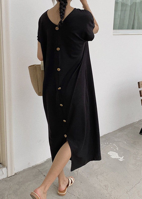 Black Button Patchwork Knit Maxi Dresses O Neck Summer LY1333 - fabuloryshop