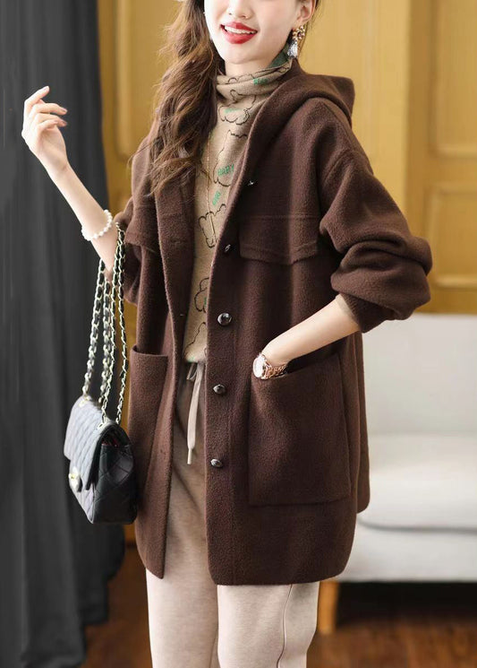 Black Button Patchwork Woolen Coat Hooded Long Sleeve Ada Fashion