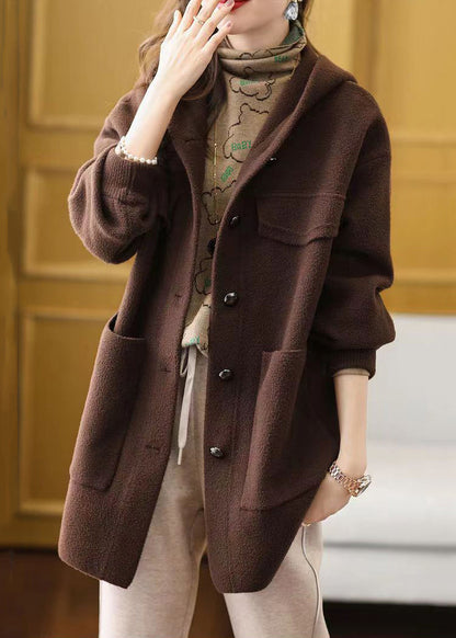 Black Button Patchwork Woolen Coat Hooded Long Sleeve Ada Fashion