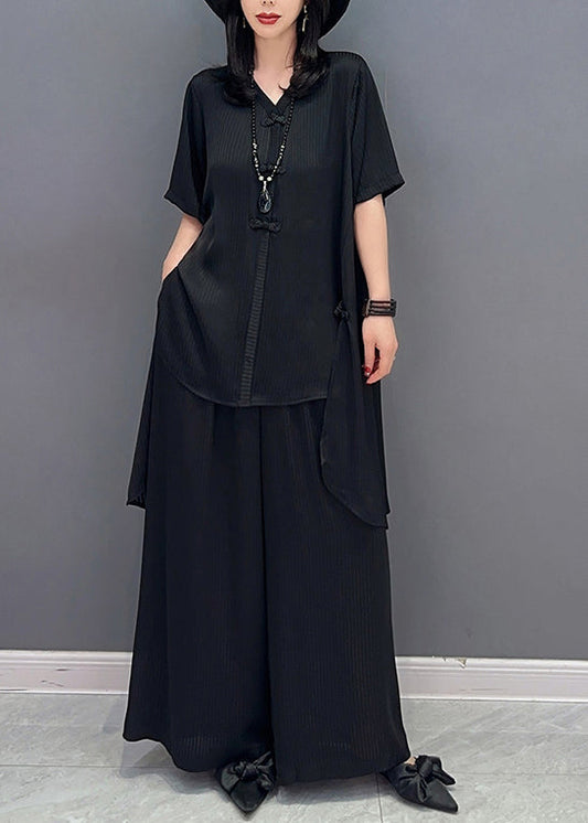 Black Button Solid Shirts And Wide Leg Pants Two Piece Set Half Sleeve LC0356 - fabuloryshop