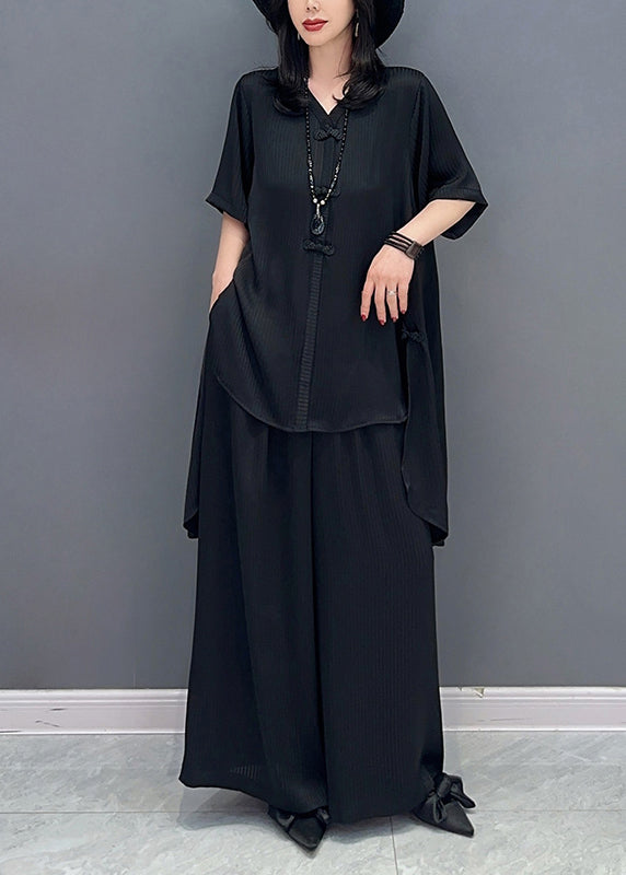 Black Button Solid Shirts And Wide Leg Pants Two Piece Set Half Sleeve LC0356 - fabuloryshop