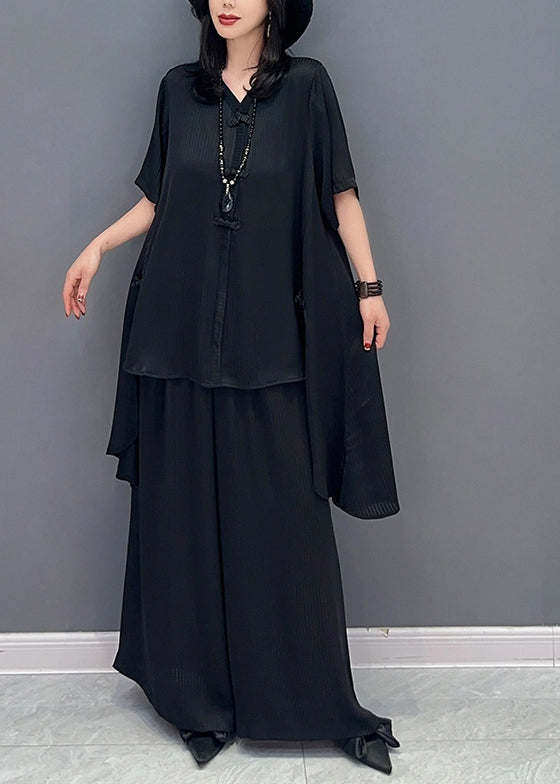 Black Button Solid Shirts And Wide Leg Pants Two Piece Set Half Sleeve LC0356 - fabuloryshop