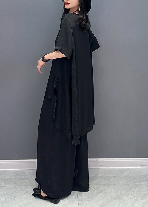 Black Button Solid Shirts And Wide Leg Pants Two Piece Set Half Sleeve LC0356 - fabuloryshop