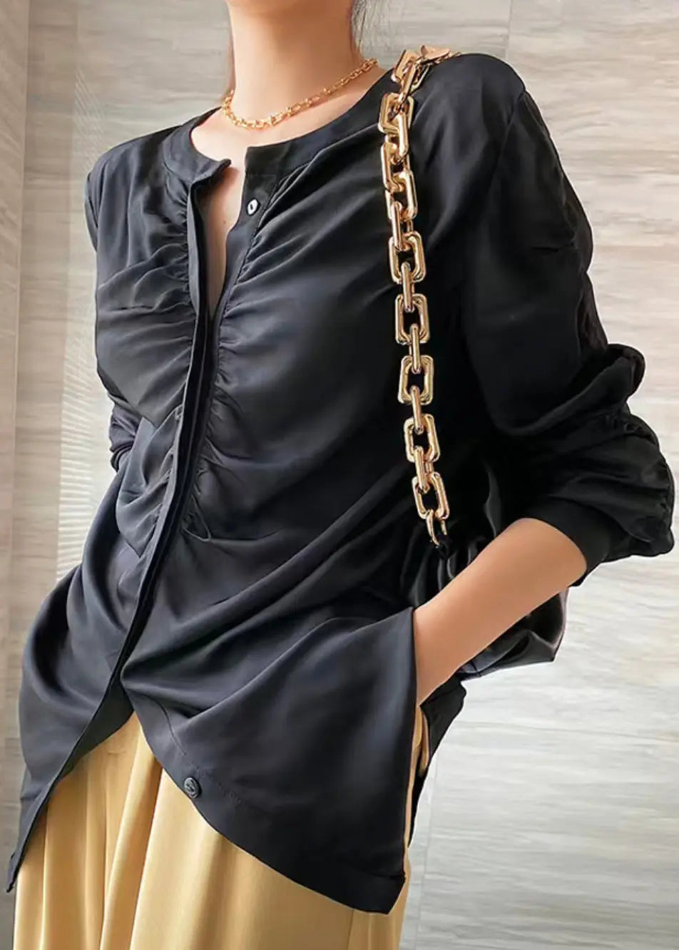 Black Button Wrinkled Patchwork Silk Shirts O Neck Long Sleeve Ada Fashion