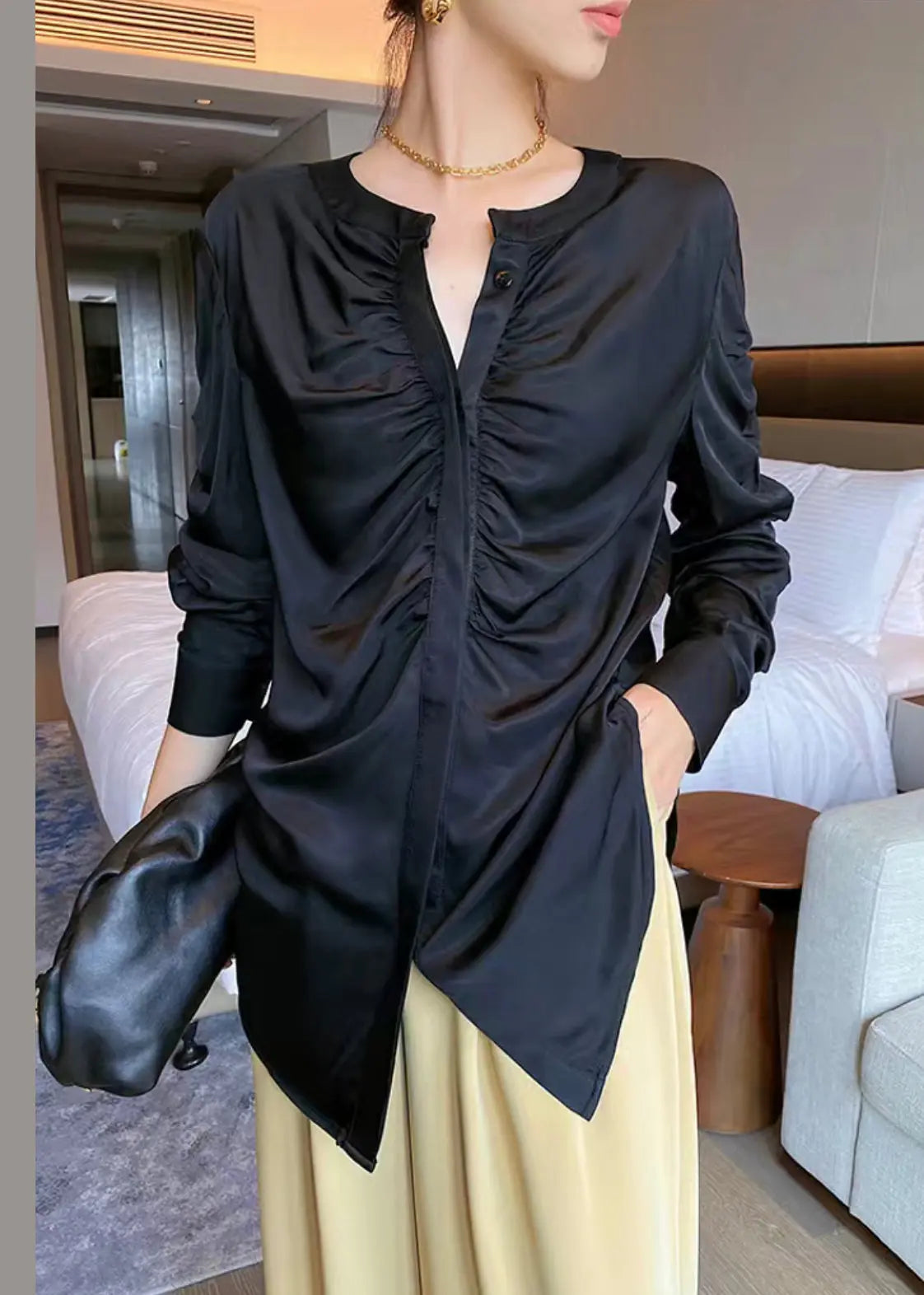 Black Button Wrinkled Patchwork Silk Shirts O Neck Long Sleeve Ada Fashion