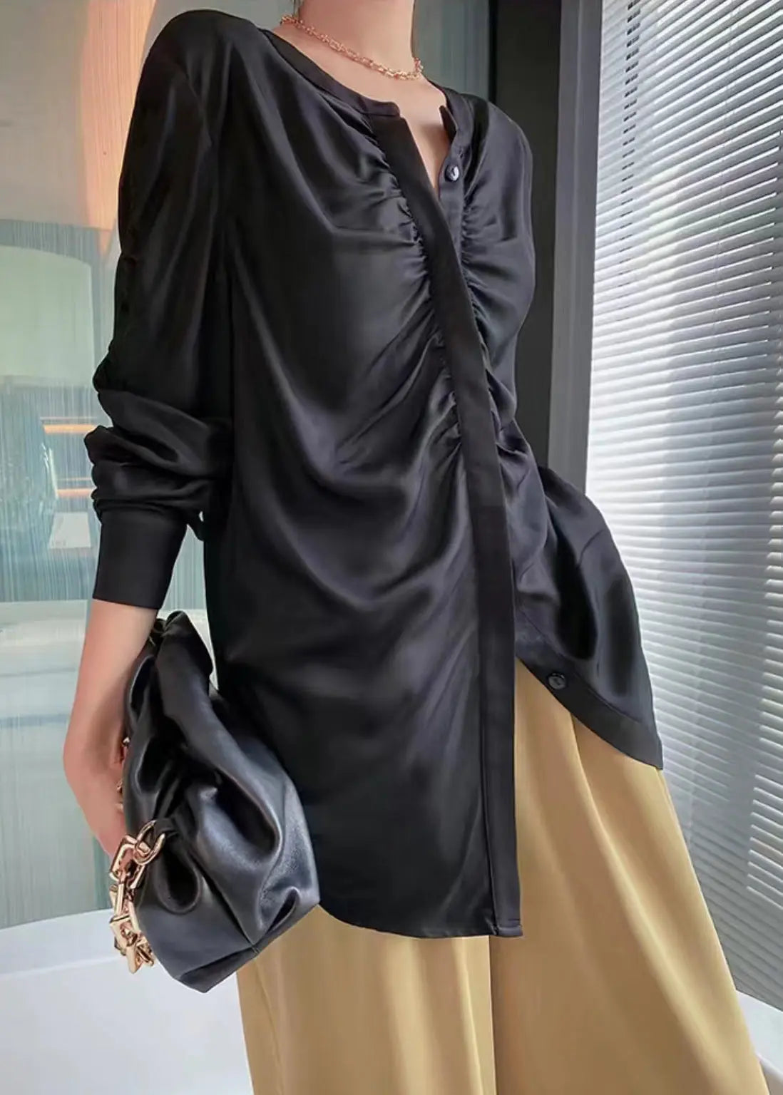 Black Button Wrinkled Patchwork Silk Shirts O Neck Long Sleeve Ada Fashion