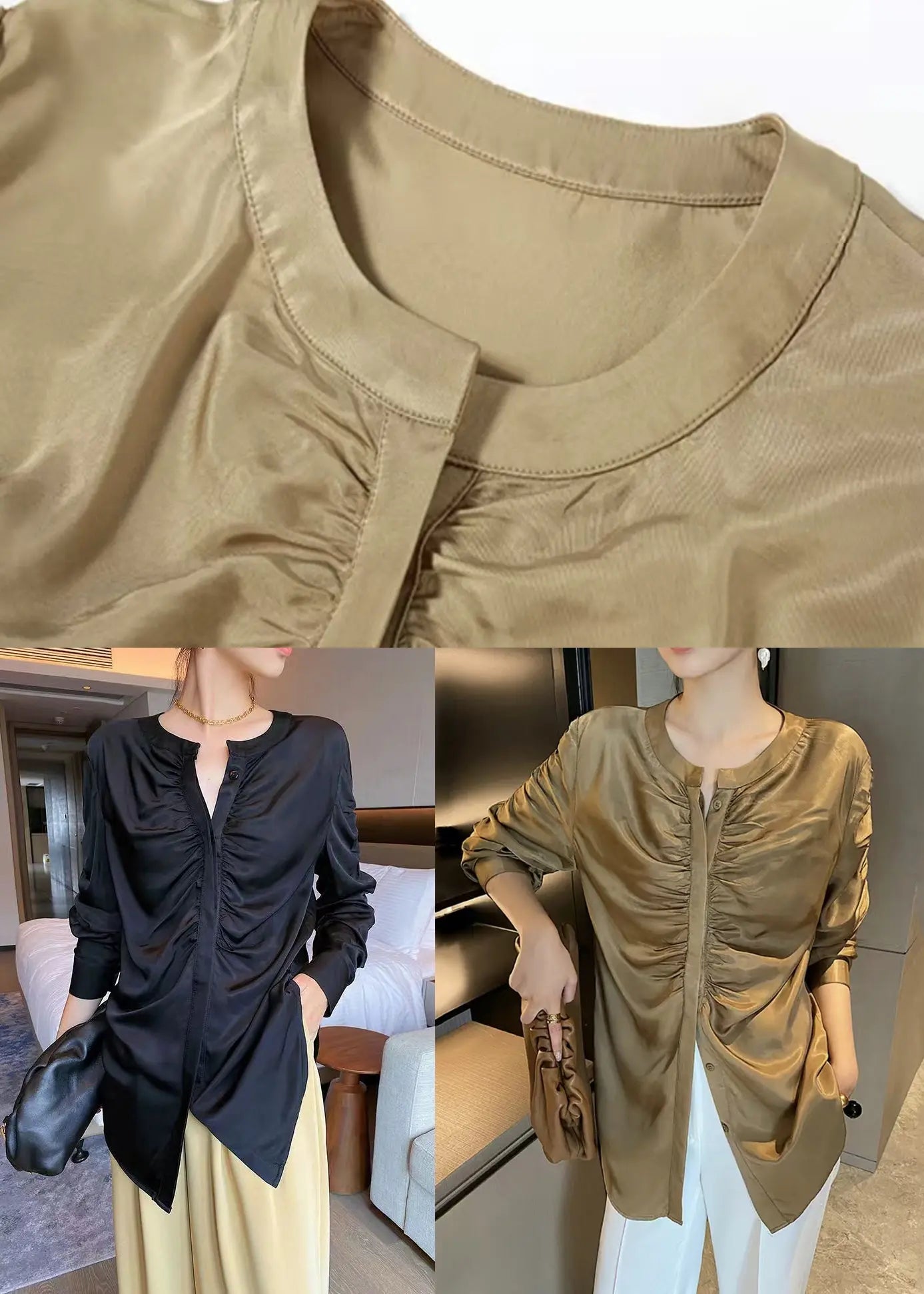 Black Button Wrinkled Patchwork Silk Shirts O Neck Long Sleeve Ada Fashion