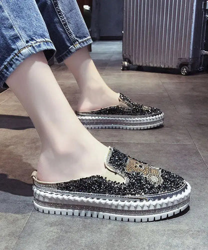 Black Cartoon Zircon Splicing Casual Platform Slide Sandals Ada Fashion